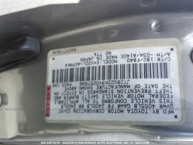 JT2BG22K8V0057898 - 1997 TOYOTA CAMRY LE/XLE Bej foto 9