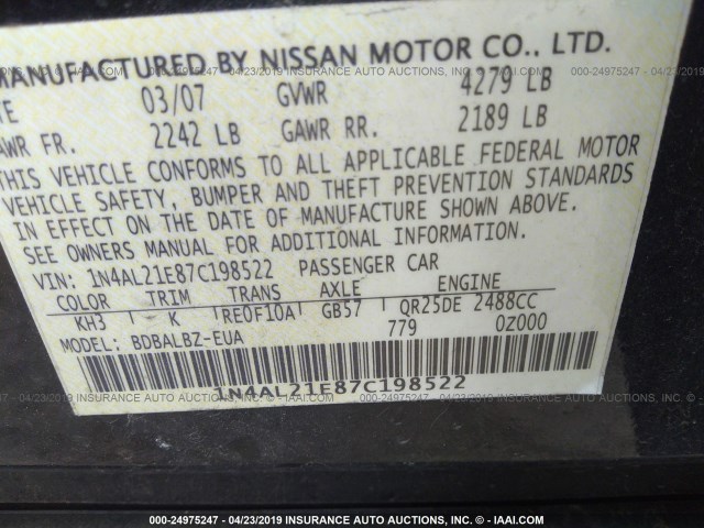 1N4AL21E87C198522 - 2007 NISSAN ALTIMA 2.5/2.5S BLACK photo 9