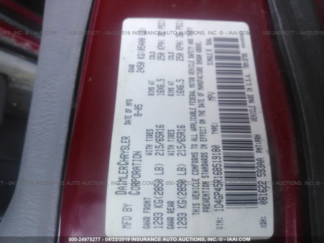 1D4GP45R16B519180 - 2006 DODGE CARAVAN SXT RED photo 9