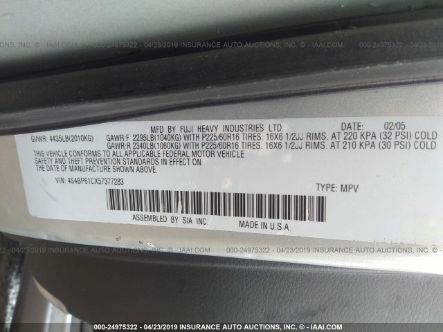 4S4BP61CX57377283 - 2005 SUBARU LEGACY OUTBACK 2.5I SILVER photo 9