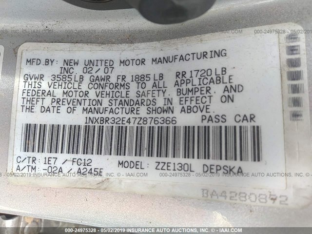 1NXBR32E47Z876366 - 2007 TOYOTA COROLLA CE/LE/S SILVER photo 9