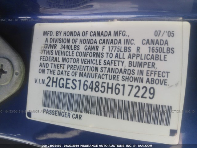 2HGES16485H617229 - 2005 HONDA CIVIC DX BLUE photo 9