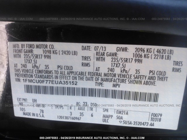 1FMCU0F77EUA35152 - 2014 FORD ESCAPE S BLACK photo 9