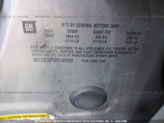 1G1ZS58F98F129590 - 2008 CHEVROLET MALIBU LS SILVER photo 9