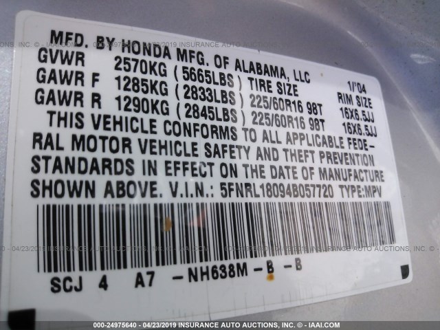 5FNRL18094B057720 - 2004 HONDA ODYSSEY EXL SILVER photo 9