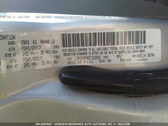 1J8HG48N86C322942 - 2006 JEEP COMMANDER SILVER photo 9