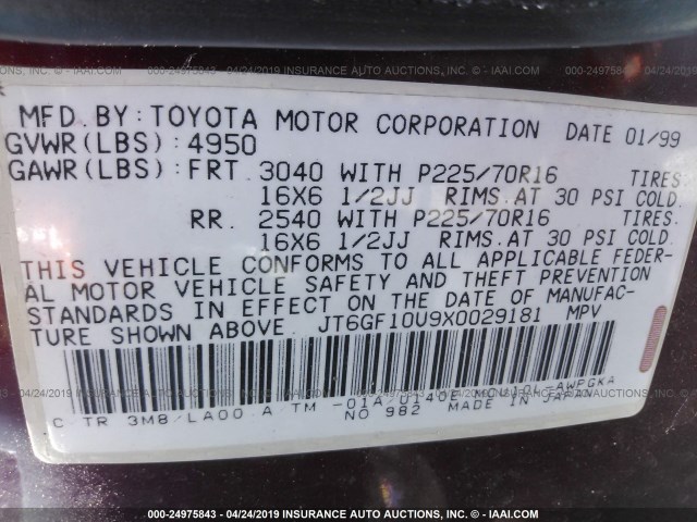 JT6GF10U9X0029181 - 1999 LEXUS RX 300 RED photo 9