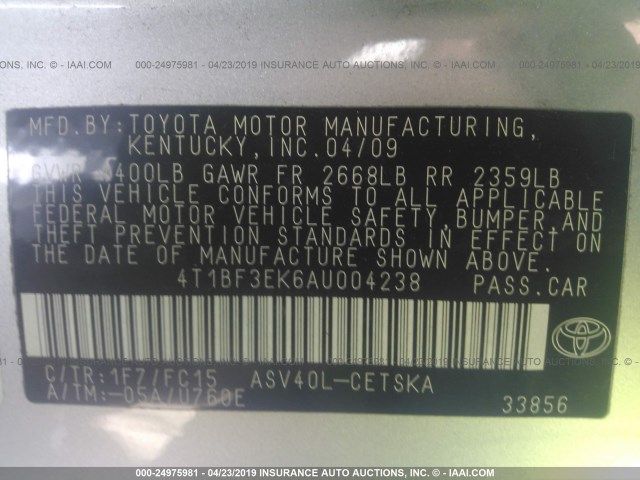 4T1BF3EK6AU004238 - 2010 TOYOTA CAMRY SE/LE/XLE SILVER photo 9