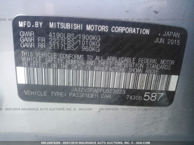 JA32V2FW2FU023023 - 2015 MITSUBISHI LANCER SE SILVER photo 9