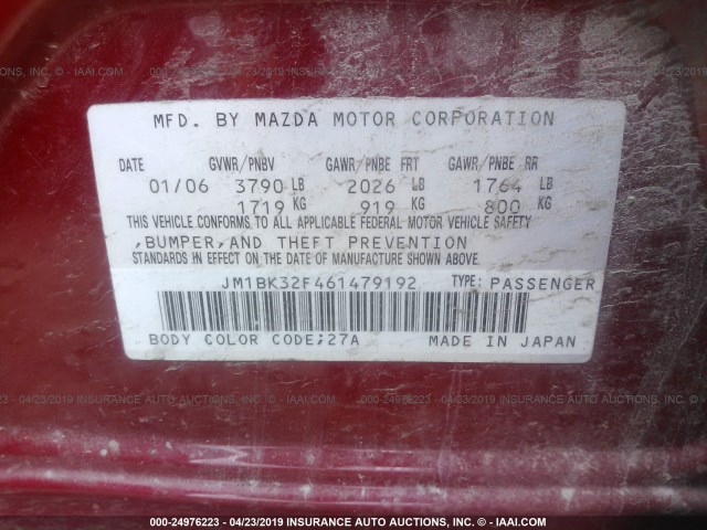 JM1BK32F461479192 - 2006 MAZDA 3 I RED photo 9