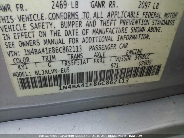 1N4BA41E86C862113 - 2006 NISSAN MAXIMA SE/SL SILVER photo 9