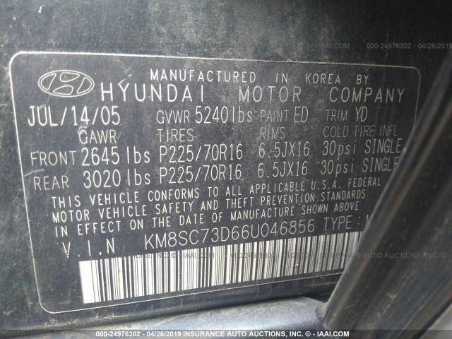 KM8SC73D66U046856 - 2006 HYUNDAI SANTA FE GLS/LIMITED BLACK photo 9