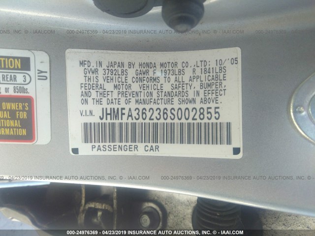 JHMFA36236S002855 - 2006 HONDA CIVIC HYBRID SILVER photo 9