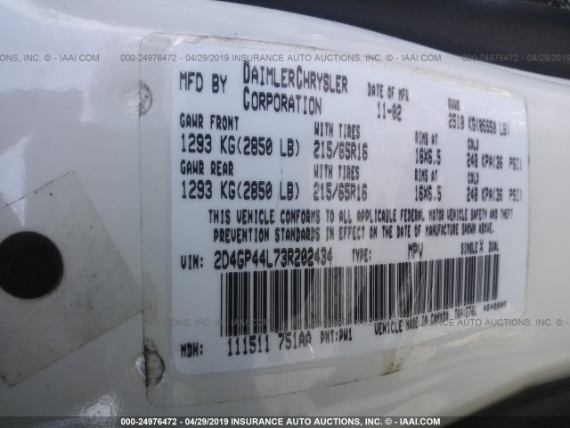 2D4GP44L73R202434 - 2003 DODGE GRAND CARAVAN SPORT WHITE photo 9