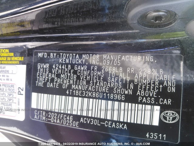 4T1BE32K86U118966 - 2006 TOYOTA CAMRY LE/XLE/SE BLACK photo 9