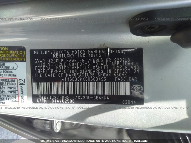 4T1BE30KX6U683495 - 2006 TOYOTA CAMRY LE/XLE/SE SILVER photo 9