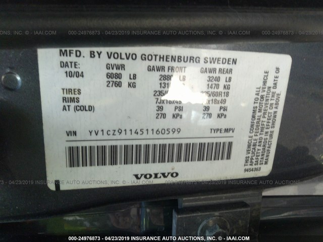 YV1CZ911451160599 - 2005 VOLVO XC90 T6 GRAY photo 9