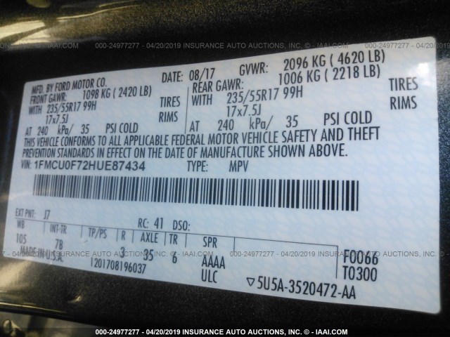 1FMCU0F72HUE87434 - 2017 FORD ESCAPE S GRAY photo 9