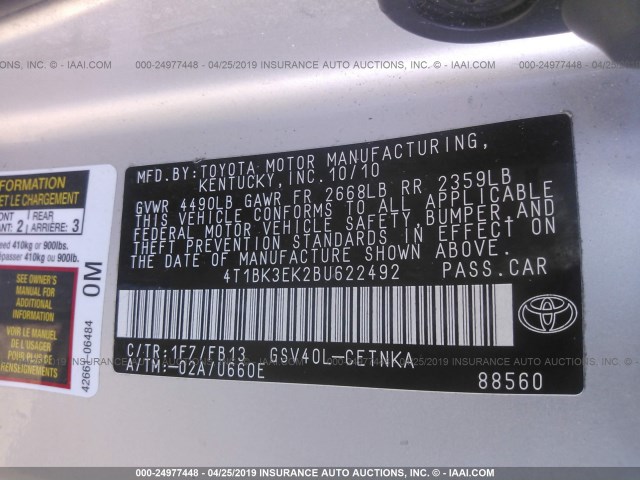 4T1BK3EK2BU622492 - 2011 TOYOTA CAMRY SE/LE/XLE 银色 照片 9