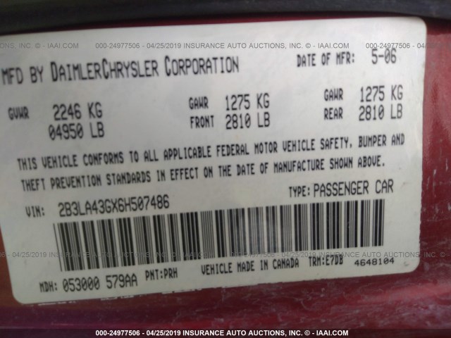 2B3LA43GX6H507486 - 2006 DODGE CHARGER SE/SXT RED photo 9