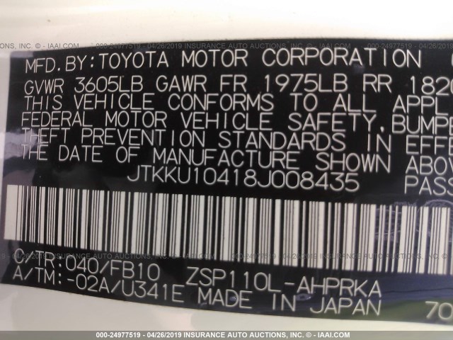 JTKKU10418J008435 - 2008 TOYOTA SCION XD WHITE photo 9