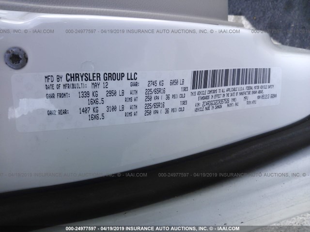 2C4RDGCG2CR357526 - 2012 DODGE GRAND CARAVAN SXT WHITE photo 9