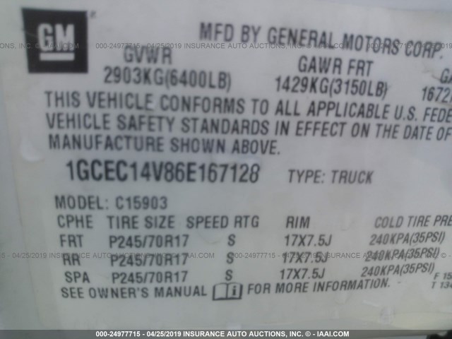 1GCEC14V86E167128 - 2006 CHEVROLET SILVERADO C1500 WHITE photo 9