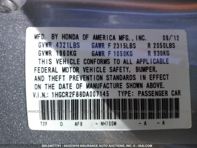 1HGCR2F88DA007145 - 2013 HONDA ACCORD EXL SILVER photo 9