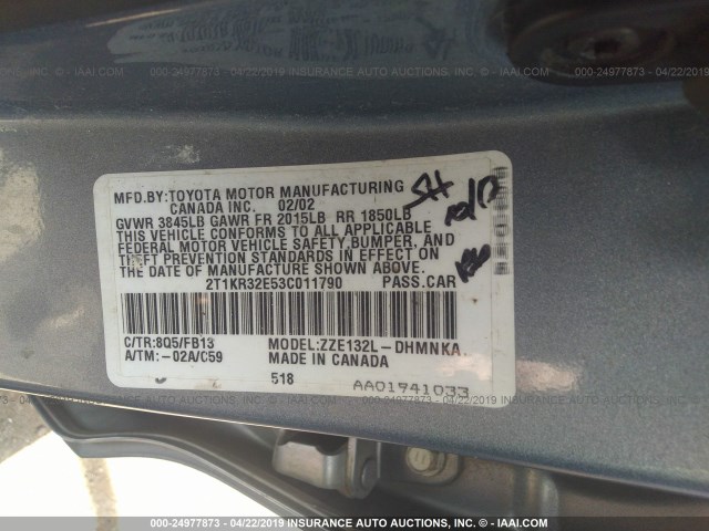 2T1KR32E53C011790 - 2003 TOYOTA COROLLA MATRIX  BLUE photo 9