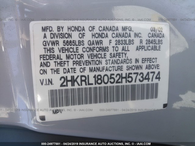 2HKRL18052H573474 - 2002 HONDA ODYSSEY EXL SILVER photo 9