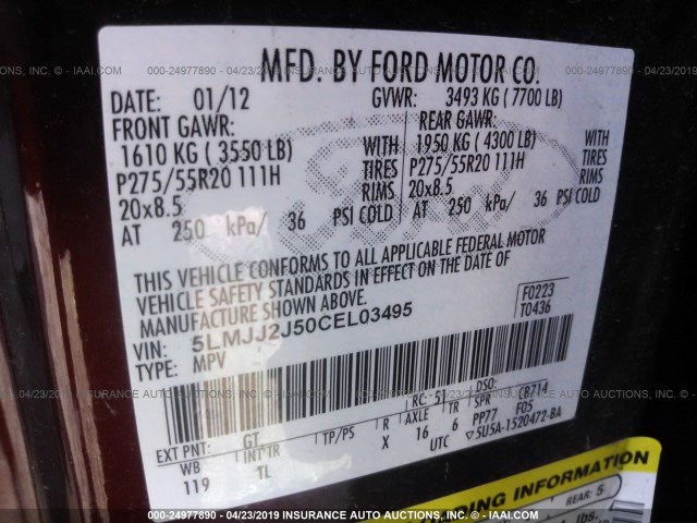 5LMJJ2J50CEL03495 - 2012 LINCOLN NAVIGATOR 勃艮第红 照片 9