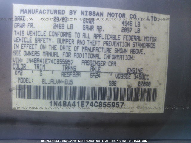 1N4BA41E74C855957 - 2004 NISSAN MAXIMA SE/SL GRAY photo 9