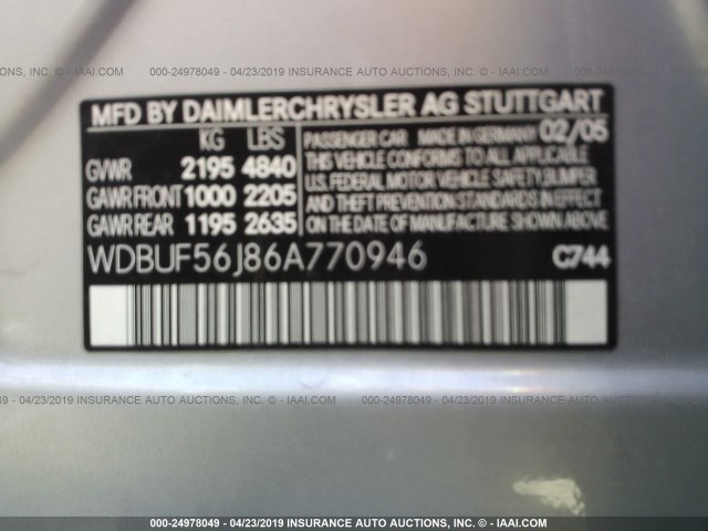 WDBUF56J86A770946 - 2006 MERCEDES-BENZ E 350 SILVER photo 9