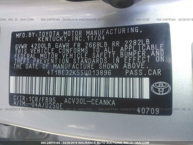 4T1BE32K55U013896 - 2005 TOYOTA CAMRY LE/XLE/SE SILVER photo 9