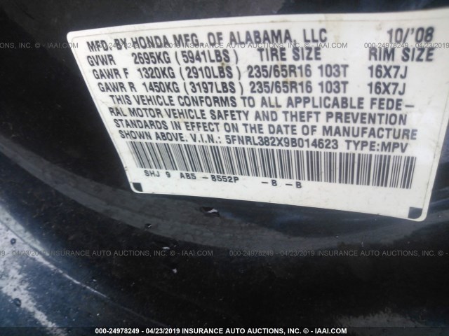 5FNRL382X9B014623 - 2009 HONDA ODYSSEY LX BLUE photo 9