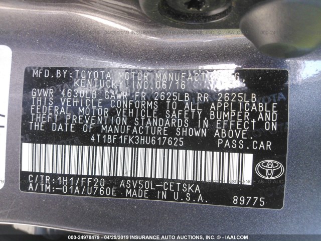 4T1BF1FK3HU617625 - 2017 TOYOTA CAMRY LE/XLE/SE/XSE GRAY photo 9