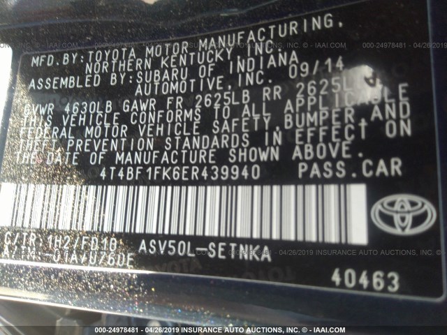 4T4BF1FK6ER439940 - 2014 TOYOTA CAMRY L/SE/LE/XLE 灰色 照片 9