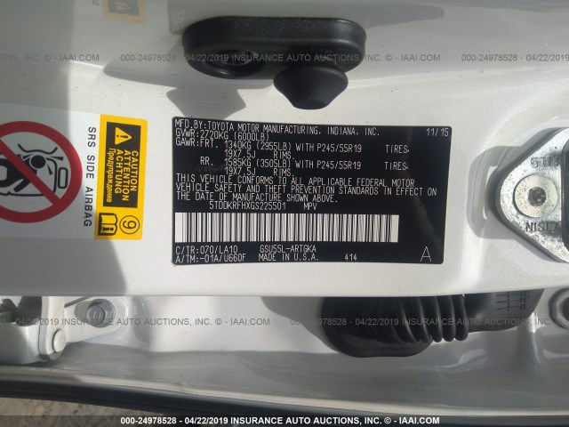 5TDDKRFHXGS225501 - 2016 TOYOTA HIGHLANDER LIMITED/LTD PLATINUM WHITE photo 9