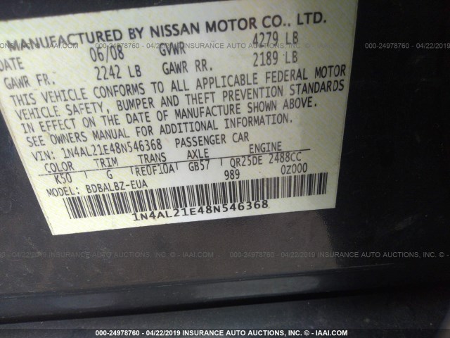 1N4AL21E48N546368 - 2008 NISSAN ALTIMA 2.5/2.5S GRAY photo 9