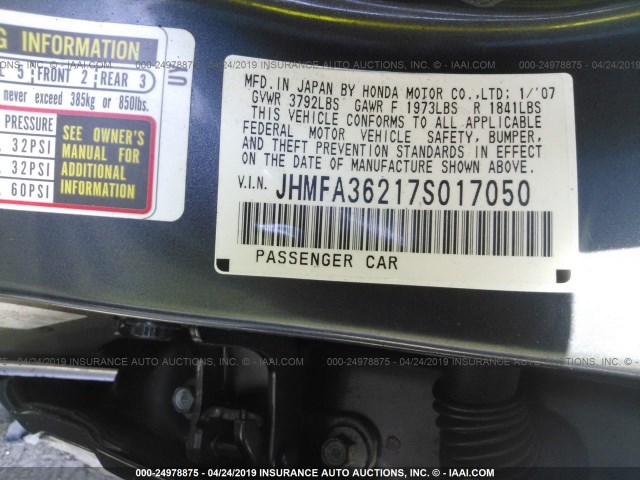 JHMFA36217S017050 - 2007 HONDA CIVIC HYBRID GRAY photo 9