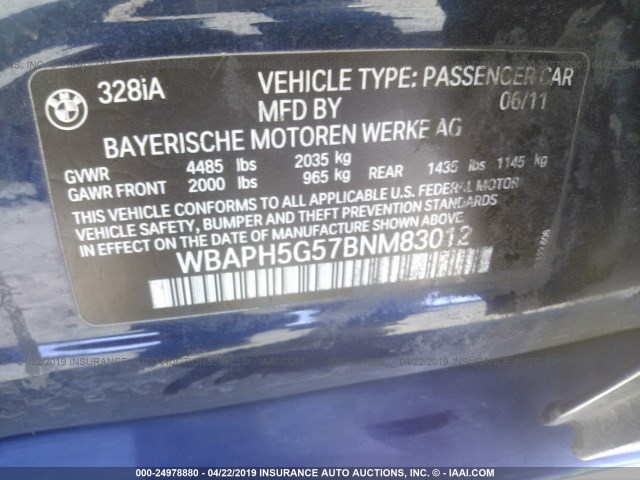 WBAPH5G57BNM83012 - 2011 BMW 328 BLUE photo 9