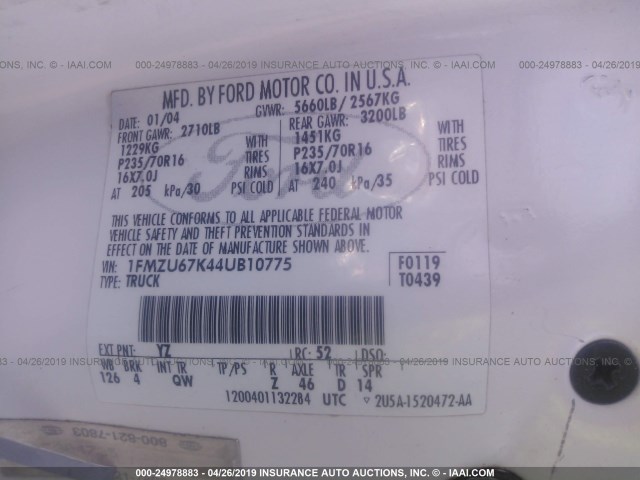 1FMZU67K44UB10775 - 2004 FORD EXPLORER SPORT TR  WHITE photo 9