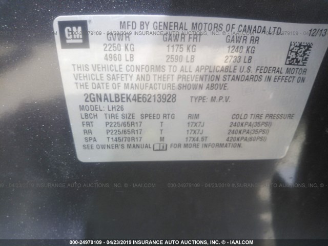 2GNALBEK4E6213928 - 2014 CHEVROLET EQUINOX LT GRAY photo 9