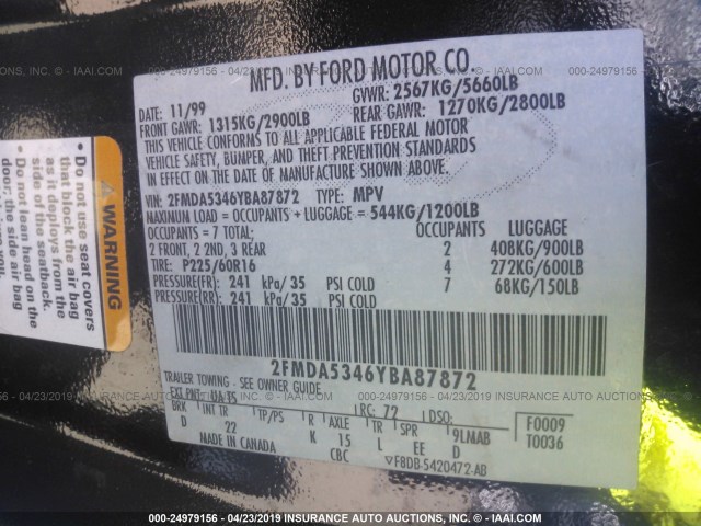 2FMDA5346YBA87872 - 2000 FORD WINDSTAR SEL BLACK photo 9