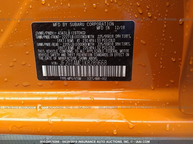 JF2GTAMC1K8289668 - 2019 SUBARU CROSSTREK LIMITED ORANGE photo 9