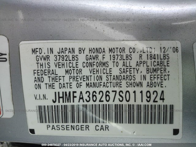 JHMFA36267S011924 - 2007 HONDA CIVIC HYBRID SILVER photo 9