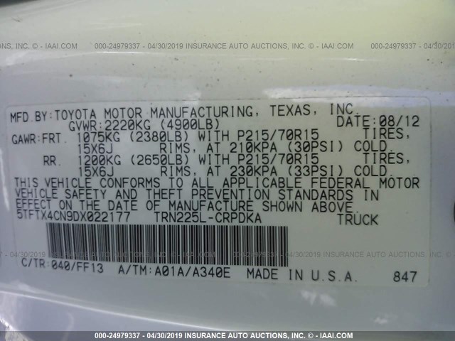 5TFTX4CN9DX022177 - 2013 TOYOTA TACOMA ACCESS CAB თეთრი ფოტო 9