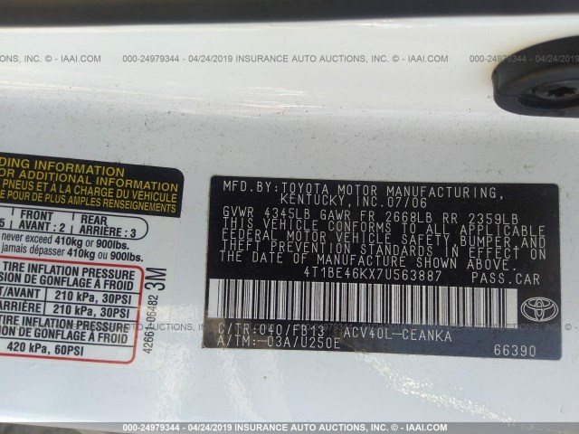 4T1BE46KX7U563887 - 2007 TOYOTA CAMRY NEW GENERAT CE/LE/XLE/SE WHITE photo 9