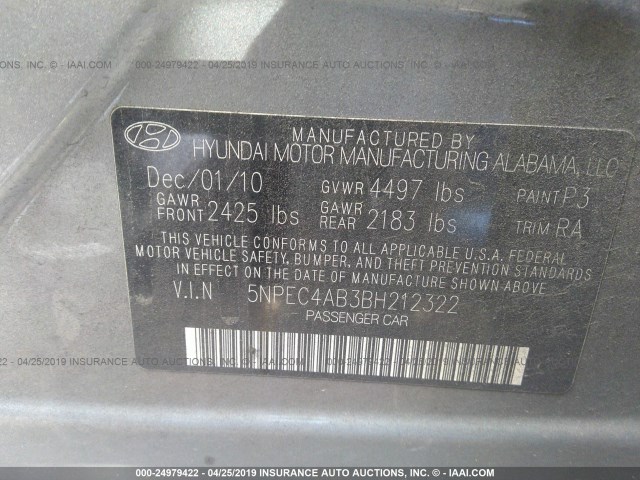 5NPEC4AB3BH212322 - 2011 HYUNDAI SONATA SE/LIMITED GRAY photo 9