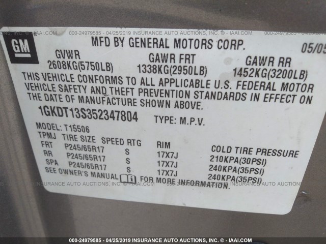 1GKDT13S352347804 - 2005 GMC ENVOY TAN photo 9